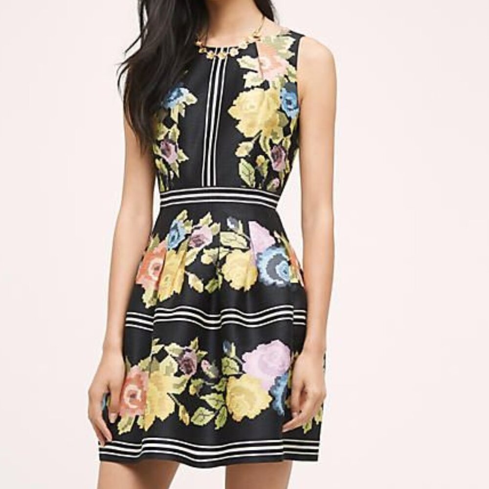 ANTHROPOLOGIE Primula Dress Colorful Pixelated Floral Print Fit & Flare Black - Picture 2 of 8